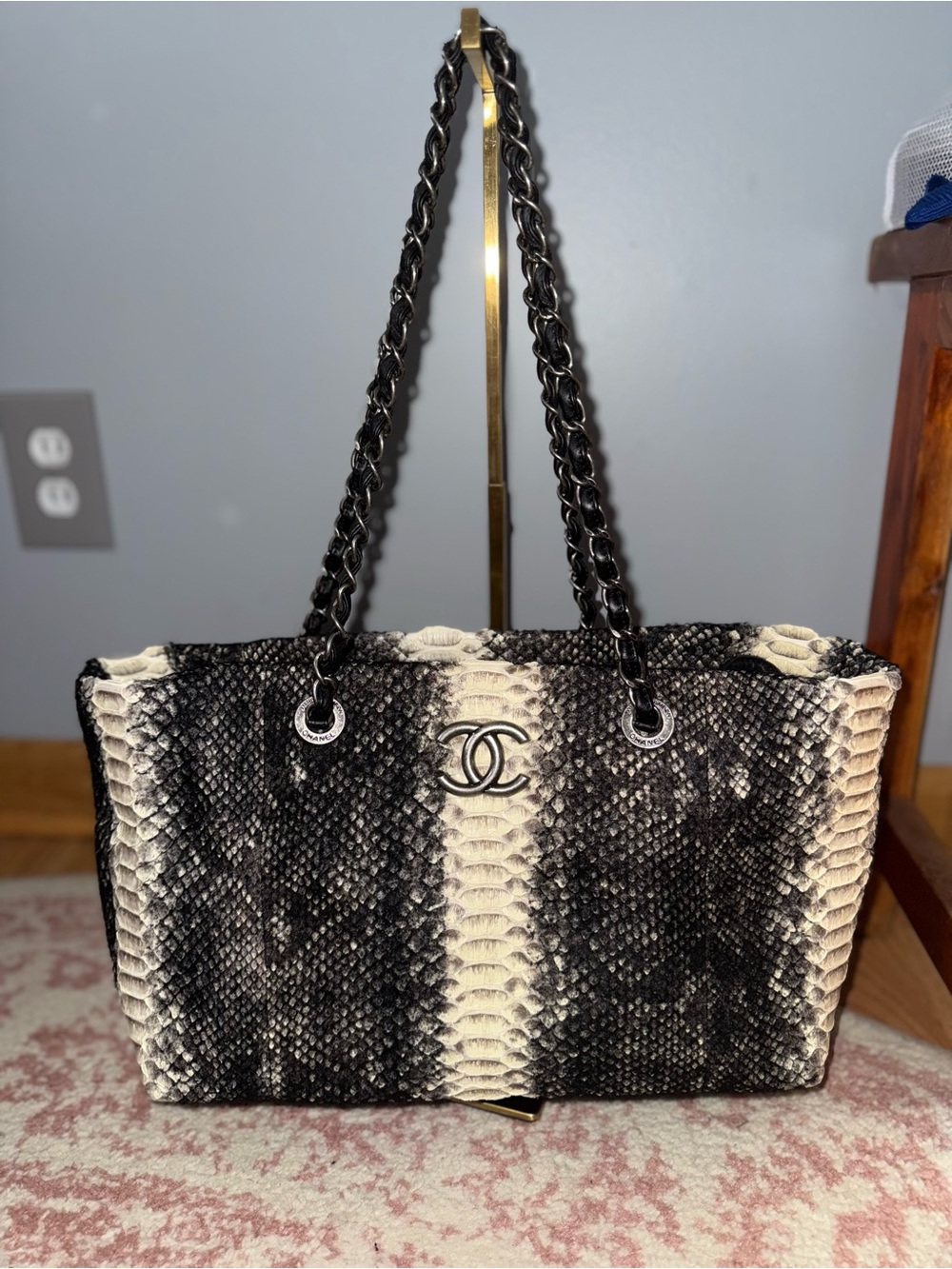 RARE!! CHANEL Black and Cream Python-Pattern Wool Chain Tote